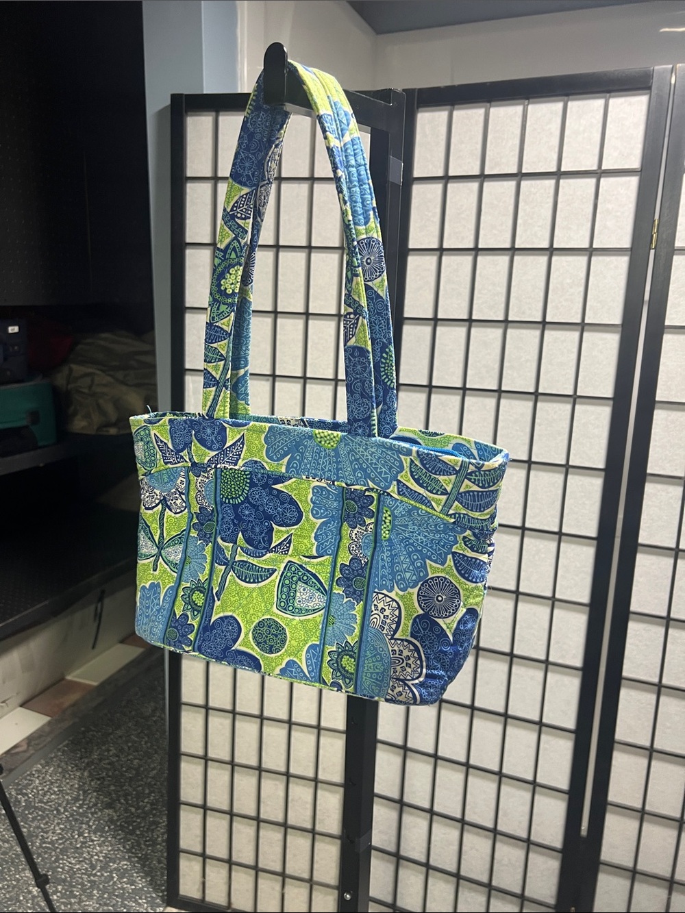 Vera Bradley Quilted Floral Tote in Blue & Lime